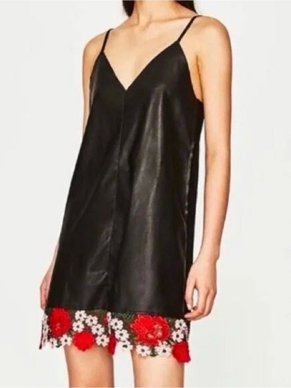 Zara vegan leather Black Slip Dress with Red & White Floral Lace Trim